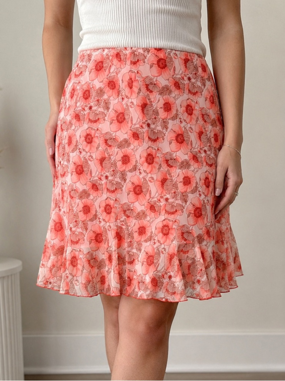 Y2K vintage Connected Apparel Pink Floral Mesh Ruffle Hem Skirt XL Lined
